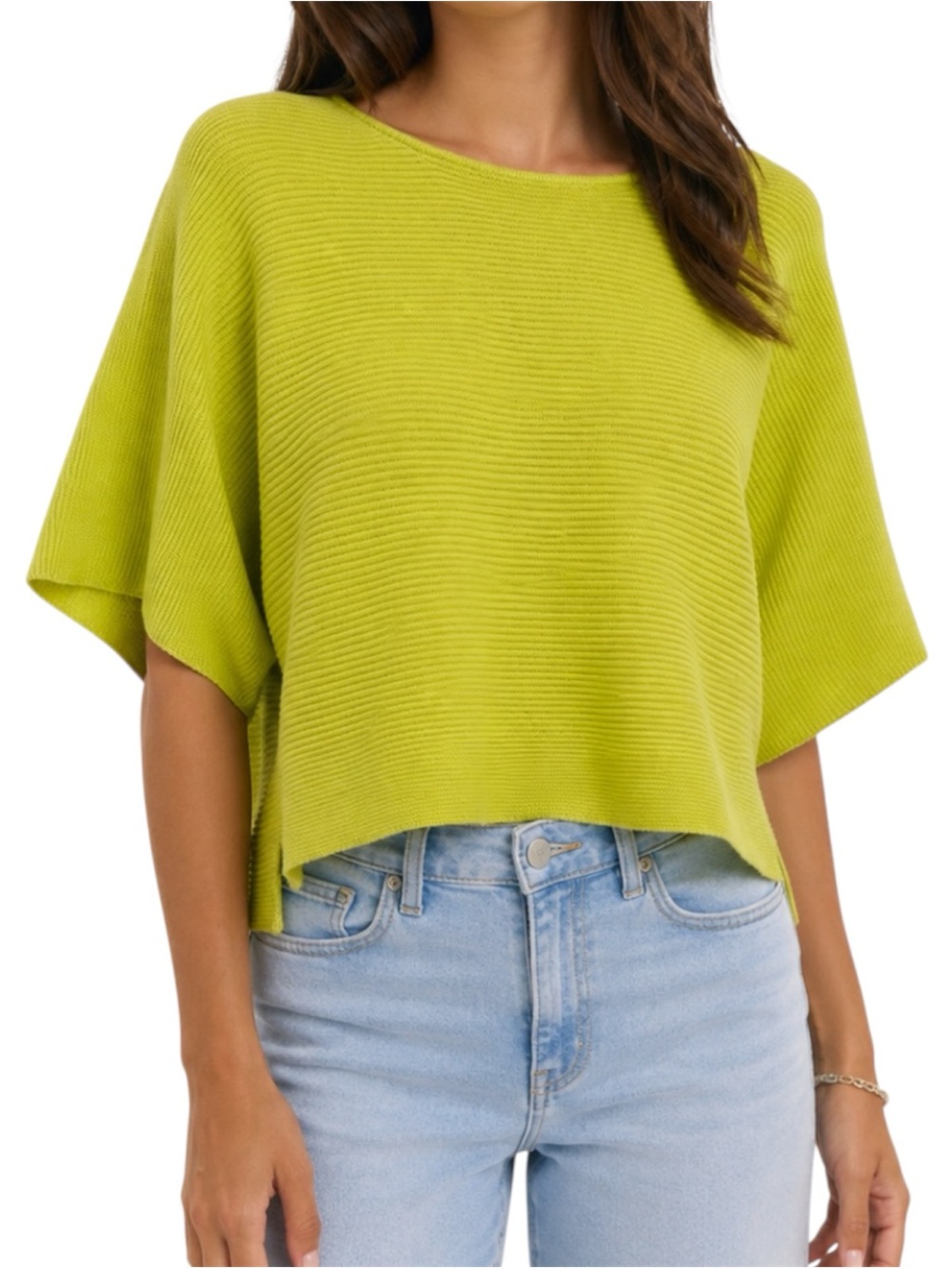 FATE Neon Yellow Chartreuse Knit Boxy Cropped Top Wide Sleeve Side Slits Medium